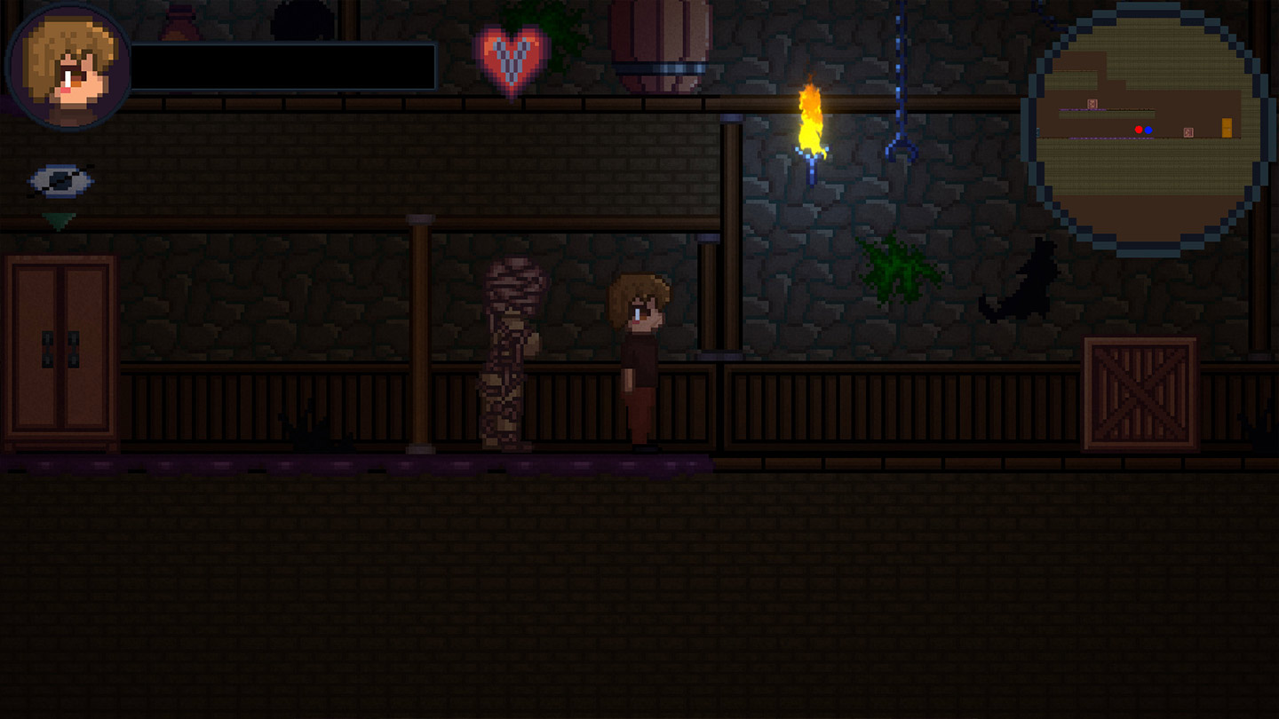 Drain Mansion gameplay screenshot of the protagonist sneaking through a dark corridor