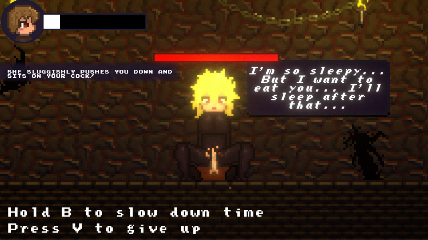 Drain Mansion screenshot of an animated scene with a pink succubus confronting the hero